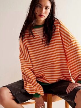 NWOT Free People We The Free Classic Striped Crewneck Sweatshirt Size Large